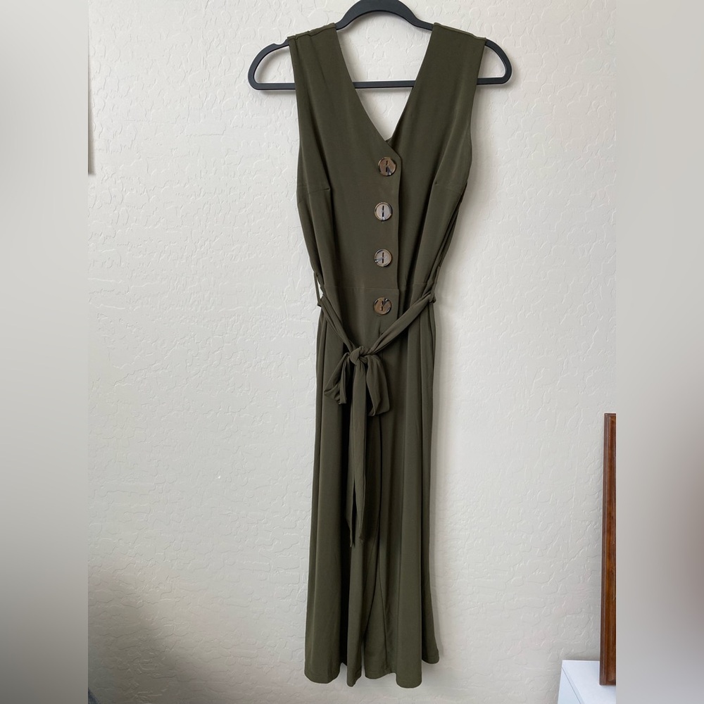 Nina Leonard Olive Green Button-Front Jumpsuit